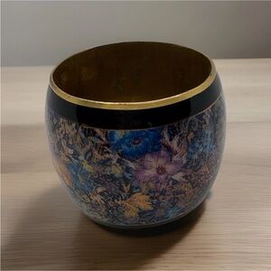 Vintage Floral Design 3” Wide Brass Bangle Bracelet Black Blue Purples Statement